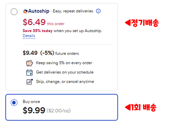 츄이닷컴 단품 구매 Buy once 선택 화면